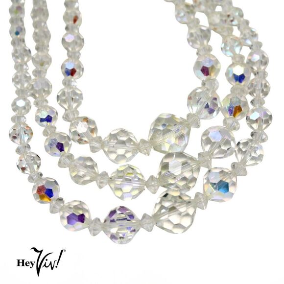 Vintage Aurora Borealis Crystal Bead Necklace 3 Strand Graduated 16" - Hey Viv - Picture 2 of 6
